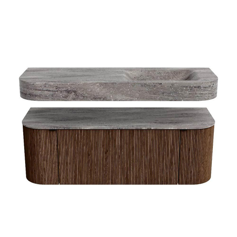 MONDIAZ THOR-DLUX 130cm meuble de salle de bains arrondi gauche + droite couleur Walnut avec 1 tiroir et 2 portes. Vasque suspendue CLOUD droite sans trou de robinet couleur Oza. SW1463992