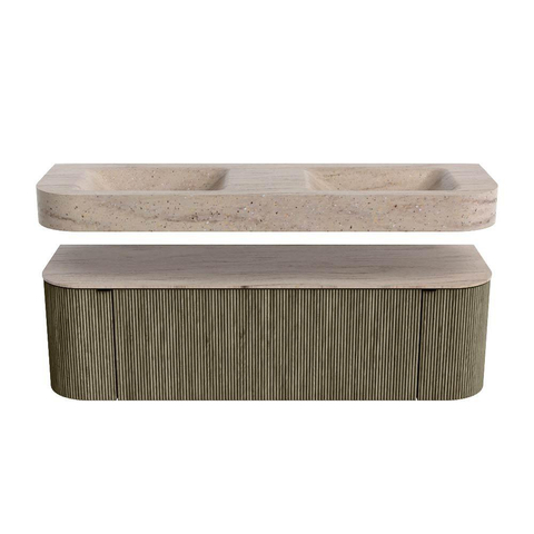 MONDIAZ THOR-DLUX 150cm meuble de salle de bains arrondi gauche + droite couleur Shadow avec 1 tiroir et 2 portes. Vasque suspendue CLOUD Double 2 trous de robinet couleur Saba. SW1464905