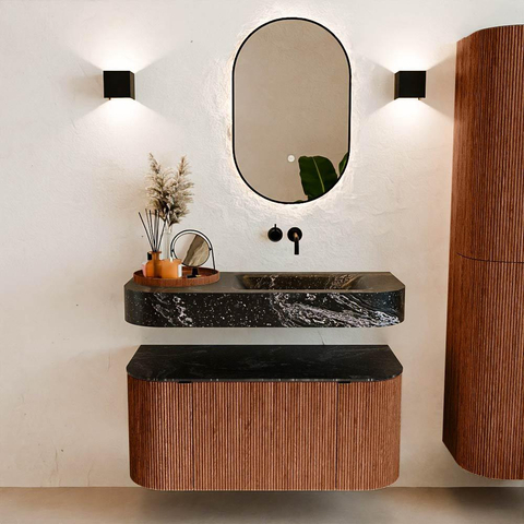 MONDIAZ THOR-DLUX 100cm meuble de salle de bains arrondi gauche + droite couleur Ruby avec 1 tiroir et 2 portes. Vasque suspendue CLOUD Droite sans trou de robinet couleur Lava. SW1467420