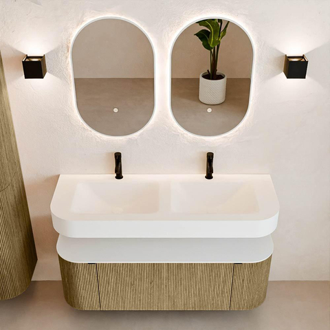MONDIAZ THOR 130cm meuble de salle de bains arrondi gauche + droite couleur Dusk avec 1 tiroir et 2 portes. Vasque suspendue CLOUD Double 2 trous de robinet couleur Talc. SW1463613