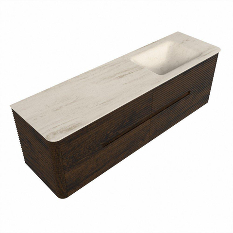 Mondiaz CIRO-DLUX Ensemble de meubles de salle de bains - 160x45x50cm - plan-vasque solid surface Meli - 1 lavabo à droite - sans trous de robinet - 4 tiroirs - Noyer SW1530533