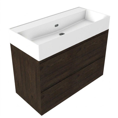 Saniclass Holz Pure Badkamermeubelset - 100x45x72cm - Legend keramische wastafel mat wit - 1 wasbak - zonder kraangat - 2 lades - mat eiken charcoal (hout) SW1580147