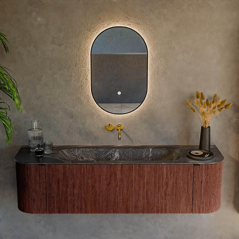 Mondiaz KURVE-DLUX Ensemble meuble de salle de bains - 160x46x40cm - 1 tiroir - 2 portes - lavabo solid surface - central - sans trou de robinet - Ruby SW1416048