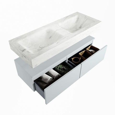 Mondiaz ALAN-DLUX Ensemble de meuble - 120cm - meuble Clay mat - 2 tiroirs - Lavabo Cloud Opalo suspendu - vasque Gauche et droite - 2 trous de robinet SW807102