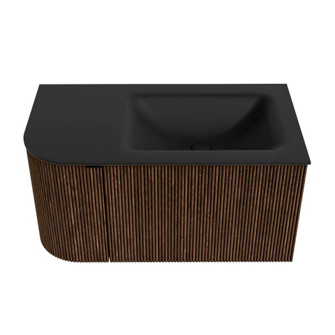 MONDIAZ KURVE 85cm badmeubel met module 25 L kleur Walnut met 1 lade en 1 deur. Wastafel CLOUD rechts zonder kraangat Urban. SW1138458