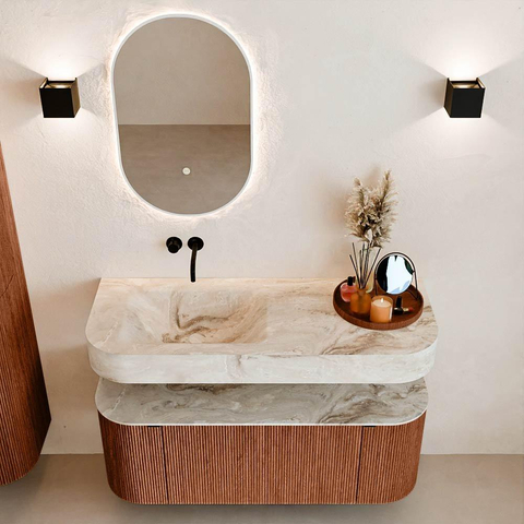 MONDIAZ THOR-DLUX 120cm meuble de salle de bains arrondi gauche + droite couleur Ruby avec 1 tiroir et 2 portes. Vasque suspendue CLOUD Gauche sans trou de robinet couleur Frappe. SW1463081