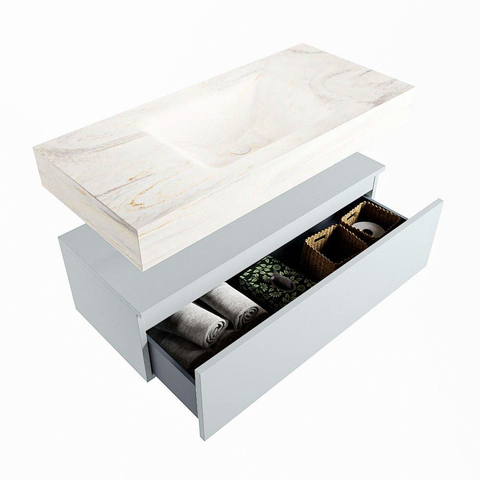Mondiaz ALAN-DLUX Ensemble de meuble - 100cm - meuble Clay mat - 1 tiroir - Lavabo Cloud Ostra suspendu - vasque Centre - 0 trous de robinet SW807871
