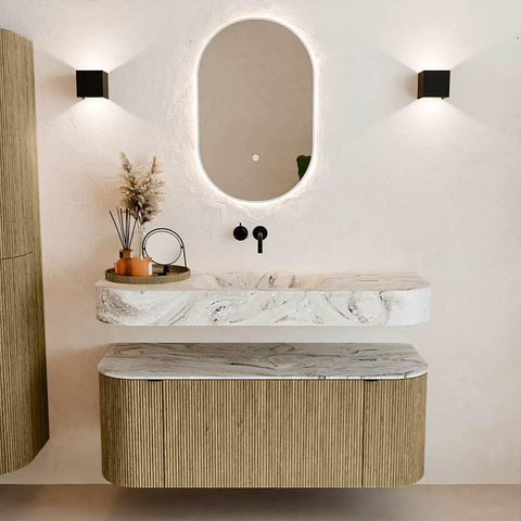 MONDIAZ THOR-DLUX 120cm badmeubel ronding links + rechts kleur Dusk met 1 lade en 2 deuren. Vrijhangende wastafel CLOUD Midden zonder kraangat kleur Glace. SW1463247