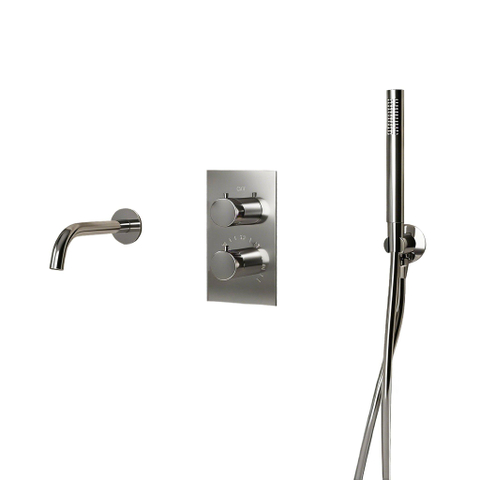 Fortifura Calvi Robinet de baignoire - bec 22cm à raccourcir - flexible - douchette stick - partie encastrable - support mural - Inox brossé SW1130181