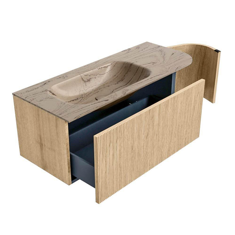 MONDIAZ KURVE-DLUX 115cm badmeubel ronding Rechts kleur Oak met 1 lade en 1 deur. Wastafel BIG SMALL Links zonder kraangat Arena. SW1431105