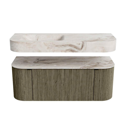 MONDIAZ THOR-DLUX 120cm meuble de salle de bains arrondi gauche + droite couleur Shadow avec 1 tiroir et 2 portes. Vasque suspendue CLOUD Gauche sans trou de robinet couleur Frappe. SW1463150