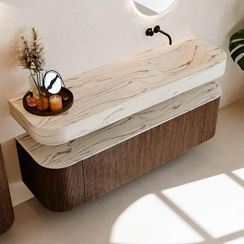 MONDIAZ THOR-DLUX 160cm meuble de salle de bains arrondi gauche + droite couleur Walnut avec 1 tiroir et 2 portes. Vasque suspendue CLOUD Droite sans trou de robinet couleur Nata. SW1465275