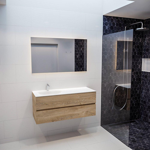 ENSEMBLE DE MEUBLE MONDIAZ VICA - 120cm - 2 tiroirs - lavabo Moon gauche - 1 trou de robinet - solid surface chêne blanchi SW409978