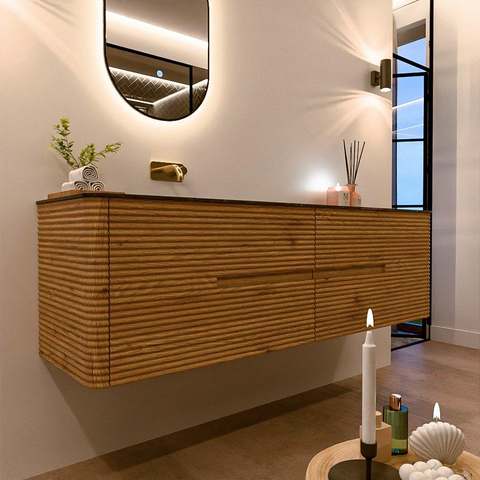 Mondiaz CIRO-DLUX Ensemble de meubles de salle de bains - 170x45x50cm - lavabo solid surface Lava - 1 vasque à gauche - sans trous de robinet - 4 tiroirs - Chêne SW1530995