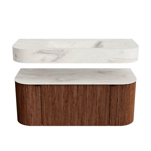MONDIAZ THOR-DLUX Meuble de salle de bains 110cm arrondi gauche + droite couleur Ruby avec 1 tiroir et 2 portes. Vasque suspendue CLOUD Centre sans trou de robinet couleur Ostra. SW1462862