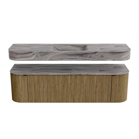 MONDIAZ THOR-DLUX 160cm meuble de salle de bains arrondi gauche + droite couleur Dusk avec 1 tiroir et 2 portes. Vasque suspendue CLOUD Milieu 1 trou de robinet couleur Sombra. SW1465388