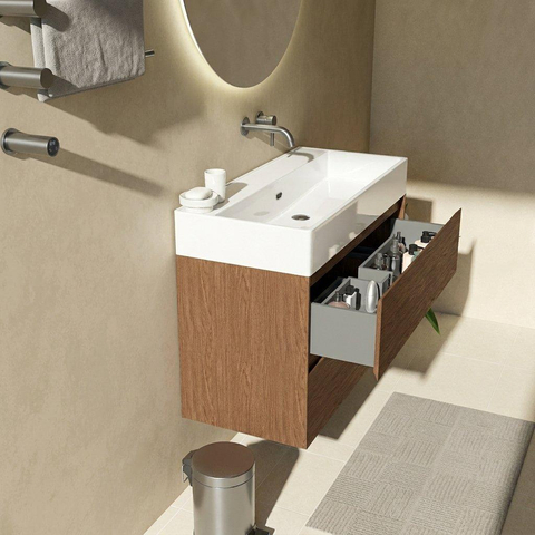 Saniclass Holz Pure Ensemble de meubles de salle de bains - 100x45x72cm - Legend lavabo en céramique blanc - 1 vasque - sans trou de robinet - 2 tiroirs - noyer pure mat (bois) SW1478490
