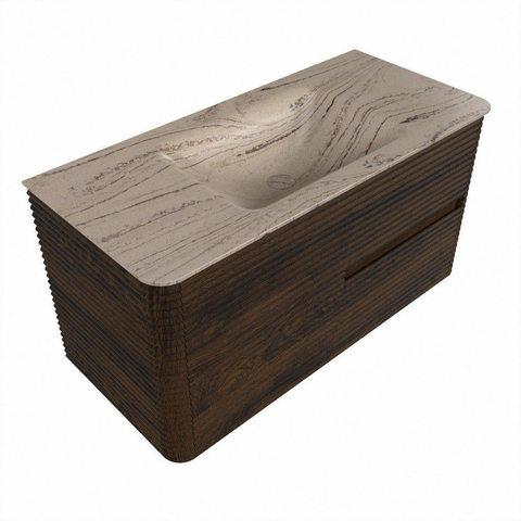 Mondiaz CIRO-DLUX Badkamermeubelset - 100x45x50cm - Solid surface wastafel Arena - 1 wasbak Midden - zonder kraangaten - 2 lades - Walnut SW1530412