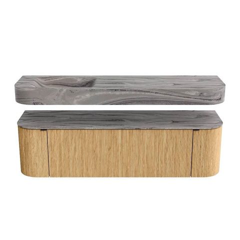 MONDIAZ THOR-DLUX Meuble de salle de bains 160cm arrondi gauche + droite couleur Oak avec 1 tiroir et 2 portes. Vasque suspendue CLOUD Gauche 1 trou de robinet couleur Sombra. SW1465384