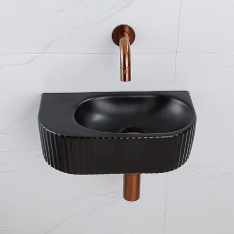 QeramiQ Fuente fonteinset – halfrond – 40x21.5x12 cm – keramiek zwart mat – zonder kraangat – geribbeld SW1233128