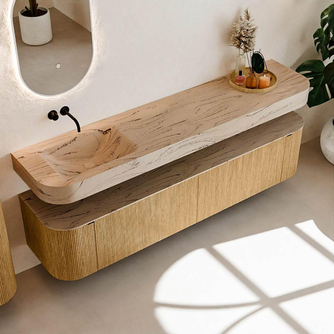 MONDIAZ THOR-DLUX 200cm meuble de salle de bains arrondi gauche + droite couleur Oak avec 2 tiroirs et 2 portes. Vasque suspendue CLOUD gauche sans trou de robinet couleur Arena. SW1467060
