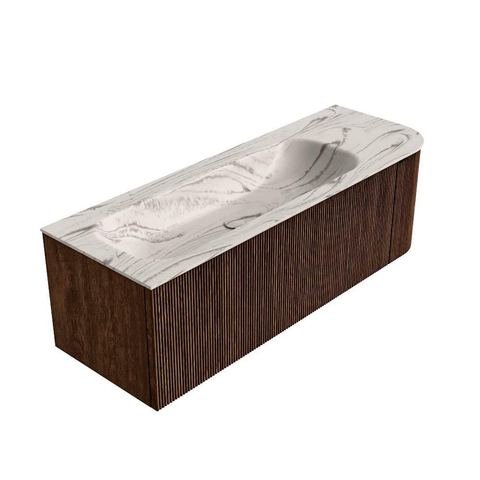 MONDIAZ KURVE-DLUX Meuble de salle de bains 135cm arrondi à droite couleur Walnut avec 1 tiroir et 1 porte. Lavabo BIG MEDIUM gauche sans trou de robinet Nata. SW1432194