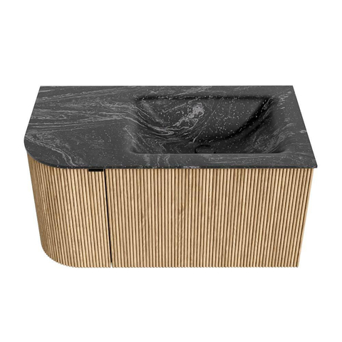 MONDIAZ KURVE-DLUX Meuble de salle de bains 85 cm avec module 25 L couleur Oak avec 1 tiroir et 1 porte. Lavabo CLOUD à droite 1 trou de robinet couleur Lava. SW1138109