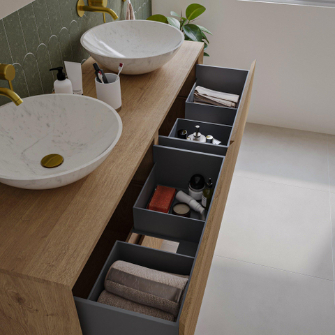 Saniclass Holz Atelier Meuble de salle de bain - 140x45x60cm - lavabo en céramique blanc - 2 vasques - 2 trous de robinet - 4 tiroirs - Chêne Natural SW1437735