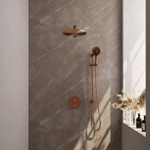 BRAUER Copper Carving douche de pluie encastrée thermostatique - 3 voies - ronde - set 92 - pomme de douche 30cm - bras mural droit - douchette 3 jets - flexible de douche - barre de douche intégrée - cuivre brossé PVD SW1159102