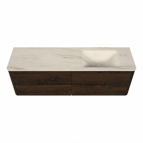 Mondiaz CIRO-DLUX Ensemble de meubles de salle de bains - 160x45x50cm - plan-vasque solid surface Meli - 1 lavabo à droite - sans trous de robinet - 4 tiroirs - Noyer SW1530533
