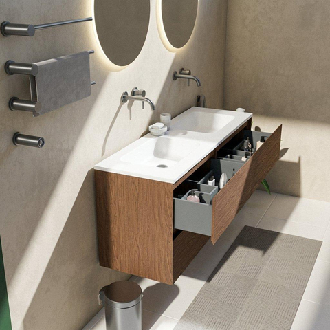 Saniclass Holz Pure Badkamermeubelset - 140x45x77.5cm - Torino solid surface wastafel wit - zonder kraangat - 4 lades - mat walnut pure (hout) SW1479080