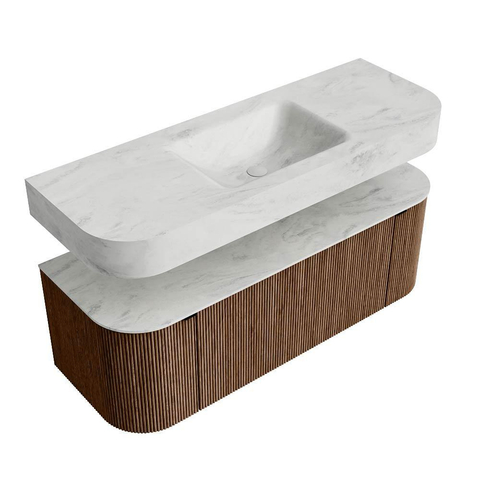 MONDIAZ THOR-DLUX 130cm meuble de salle de bains arrondi gauche + droite couleur Walnut avec 1 tiroir et 2 portes. Vasque suspendue CLOUD Milieu sans trou de robinet couleur Opalo. SW1463620