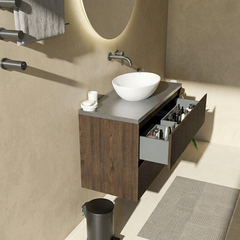 Saniclass Holz Atelier Ensemble de meubles de salle de bains - 100x45x63cm - Plan vasque en basalte Noche poli (noir) - sans trou de robinetterie - 2 tiroirs - chêne charcoal mat (bois) SW1478551