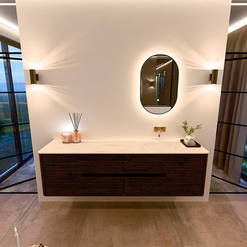 Mondiaz CIRO-DLUX Meuble de salle de bains - 180x45x50cm - Plan vasque solid surface Meli - 1 vasque à droite - sans trous de robinetterie - 4 tiroirs - Noyer SW1530539
