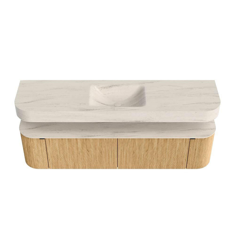 MONDIAZ THOR-DLUX 180cm meuble de salle de bains arrondi gauche + droite couleur Oak avec 2 tiroirs et 2 portes. Vasque suspendue CLOUD Milieu sans trou de robinet couleur Meli. SW1466150
