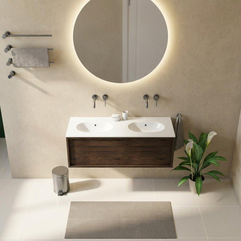Saniclass Holz Frame Ensemble meuble de salle de bains - 120x45x54cm - lavabo Chaci en céramique blanc - 2 vasques - sans trous de robinetterie - 1 tiroir - chêne charcoal mat (bois) SW1478243