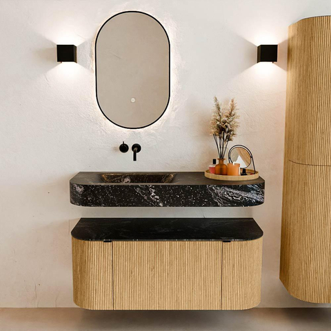 MONDIAZ THOR-DLUX 110cm badmeubel ronding links + rechts kleur Oak met 1 lade en 2 deuren. Vrijhangende wastafel CLOUD Links zonder kraangat kleur Lava. SW1462730