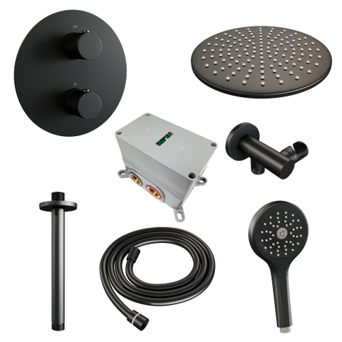 BRAUER Black Carving douche de pluie encastrée thermostatique - 3 voies - ronde - set 84 - pomme de douche 30cm - bras de plafond - douchette 3 jets - flexible de douche - coude mural - noir mat SW1159248