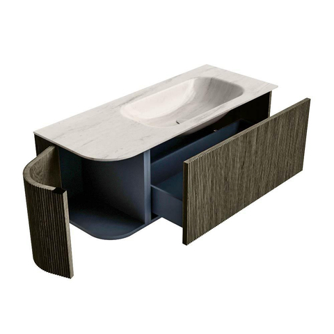 MONDIAZ KURVE-DLUX Meuble de salle de bains 115cm arrondi à gauche couleur Shadow avec 1 tiroir et 1 porte. Lavabo BIG SMALL à droite 1 trou de robinet Meli. SW1431806