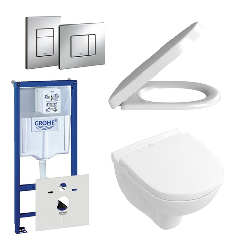Villeroy & Boch O.novo Compact DirectFlush Pack WC avec réservoir encastrable, WC murale avec abattant frein de chute et déclipsable, plaque de commande verticale/horizontale chrome SW159225