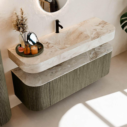 MONDIAZ THOR-DLUX 140cm meuble de salle de bains arrondi gauche + droite couleur Shadow avec 1 tiroir et 2 portes. Vasque suspendue CLOUD Milieu 1 trou de robinet couleur Frappe. SW1464124