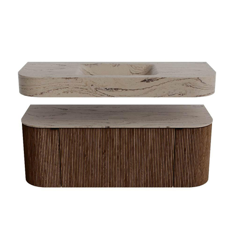 MONDIAZ THOR-DLUX 120cm badmeubel ronding links + rechts kleur Walnut met 1 lade en 2 deuren. Vrijhangende wastafel CLOUD Midden 1 kraangat kleur Arena. SW1463413
