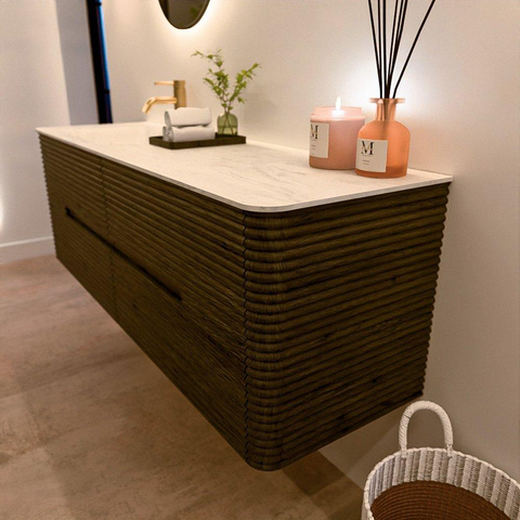 Mondiaz CIRO-DLUX Meuble de salle de bains - 150x45x50cm - Vasque solid surface Opalo - 1 lavabo à gauche - 1 trou de robinet - 4 tiroirs - Shadow SW1532411