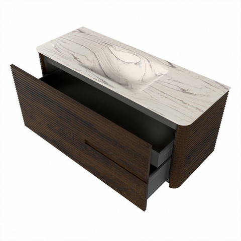 Mondiaz CIRO-DLUX Meuble de salle de bains - 120x45x50cm - Plan vasque solid surface Nata - 1 vasque Centrale - 1 trou de robinetterie - 2 tiroirs - Noyer SW1530554