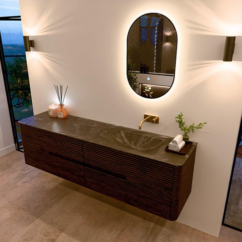 Mondiaz CIRO-DLUX Badkamermeubelset - 180x45x50cm - Solid surface wastafel Lava - 1 wasbak Rechts - zonder kraangaten - 4 lades - Walnut SW1530177