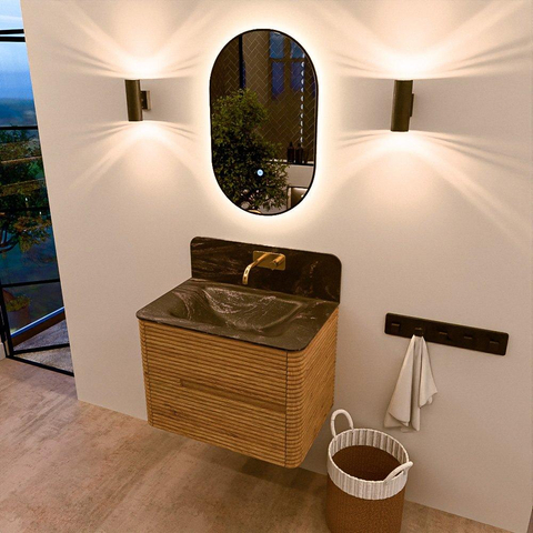 Mondiaz CIRO-DLUX Meuble de salle de bains - 70x45x50cm - lavabo solid surface Lava - 1 vasque au milieu - sans trous de robinet - 2 tiroirs - Chêne SW1531060