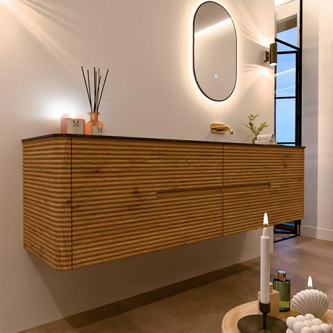 Mondiaz CIRO-DLUX Badkamermeubelset - 180x45x50cm - Solid surface wastafel Lava - 1 wasbak Rechts - zonder kraangaten - 4 lades - Oak SW1530994