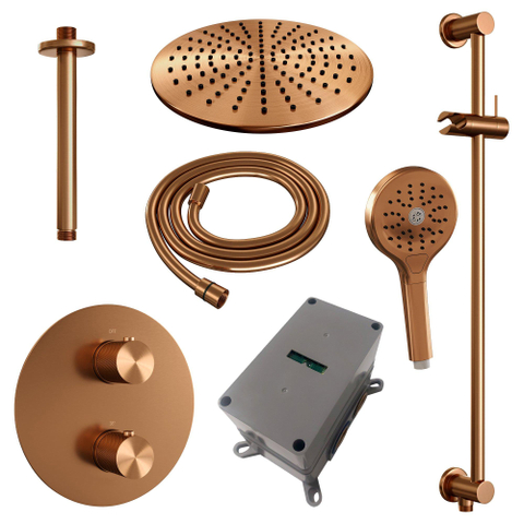 BRAUER Copper Carving douche de pluie encastrée thermostatique - 3 voies - ronde - set 96 - pomme de douche 30cm - bras de plafond - douchette 3 jets - flexible de douche - barre de douche intégrée - cuivre brossé PVD SW1159122