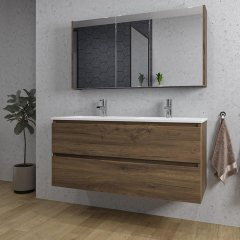 Saniclass Chaci Meuble de salle de bain - 120x46x55cm - lavabo en céramique blanc - 2 vasques - 2 trous de robinet - 2 tiroirs - armoire miroir - noyer (hout) SW856537