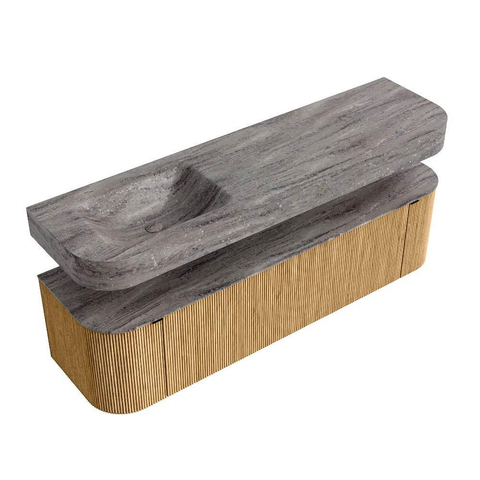 MONDIAZ THOR-DLUX 170cm badmeubel ronding links + rechts kleur Oak met 1 lade en 2 deuren. Vrijhangende wastafel CLOUD Links zonder kraangat kleur Oza. SW1465668